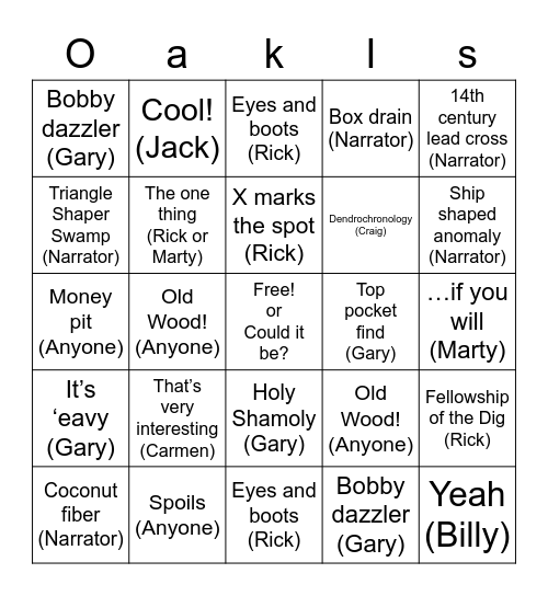 Oak Island Bingo Card