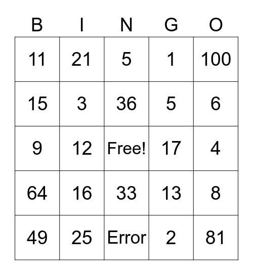 Math Bingo Card