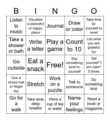 Coping Skills BINGO Card