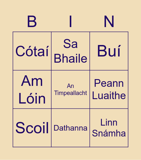 Gaeilge Bingo Card