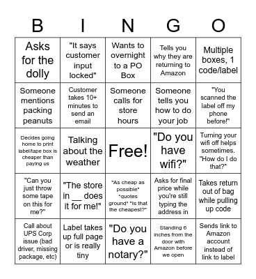 UPS Store Bingo Card