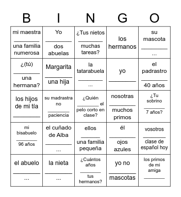 La familia , el verbo tener y números Bingo Card