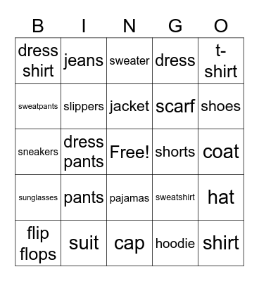 Clothes Bingo Card