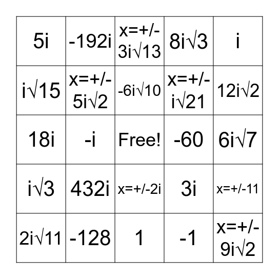 Imaginary Numbers Bingo Card