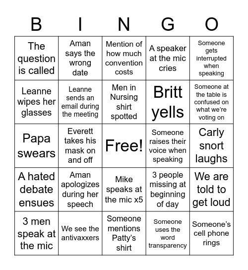 BCNU Convention Bingo Card