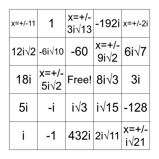 Imaginary Numbers BINGO Card