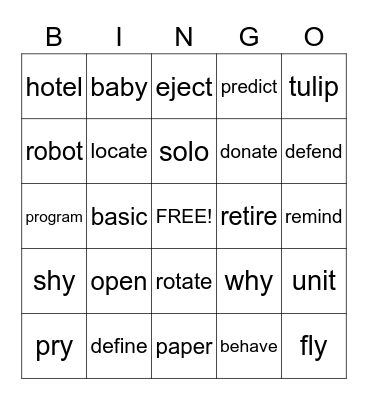 open syllable Bingo Card