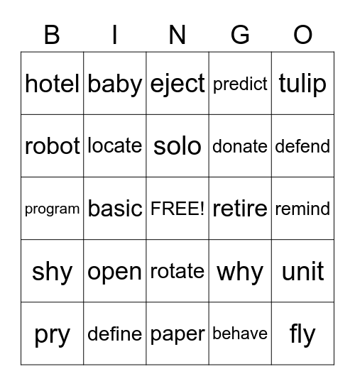 open syllable Bingo Card