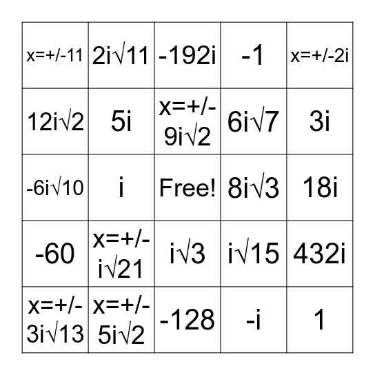 Imaginary Numbers BINGO Card