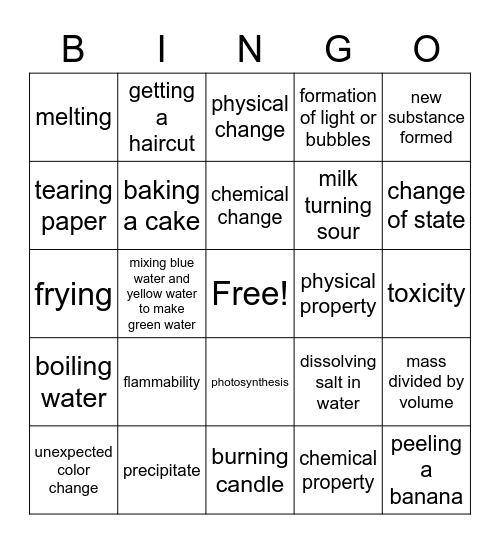 Physical Chemical Changes Bingo Card