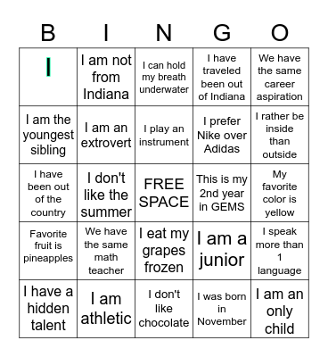 GEMS Bingo Card