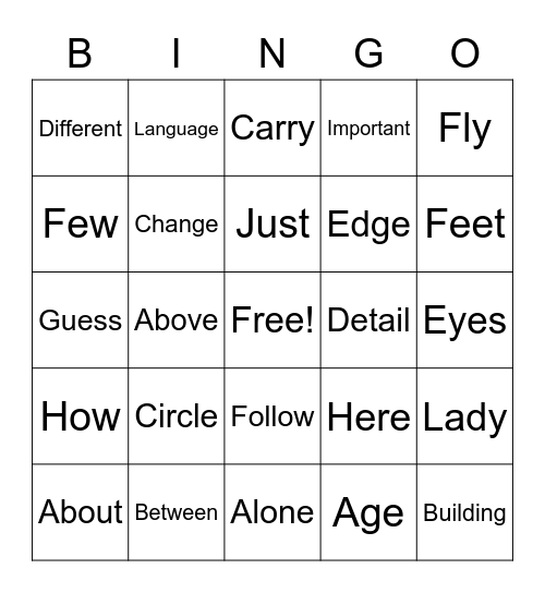 High Frequency Bingo Card