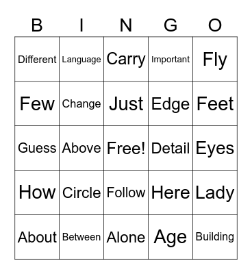 High Frequency Bingo Card