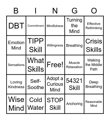 DBT Mindfulness Skills Bingo! Bingo Card