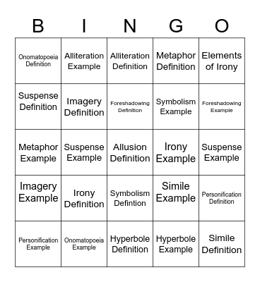 Figurative Writing Bingo Card