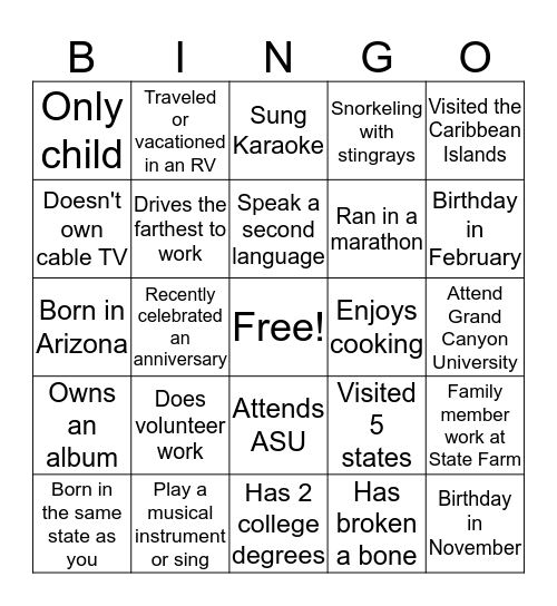 Get To Know You Bingo Card