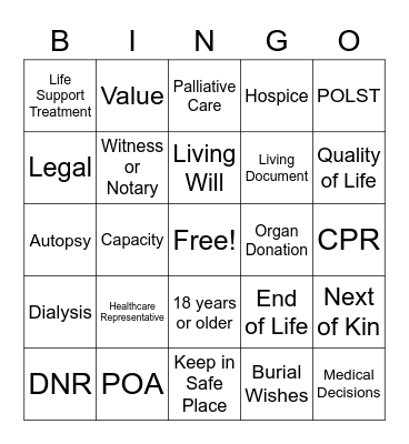 Advanced Directive Bingo Card