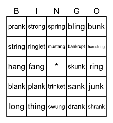-ng and -nk Bingo Card