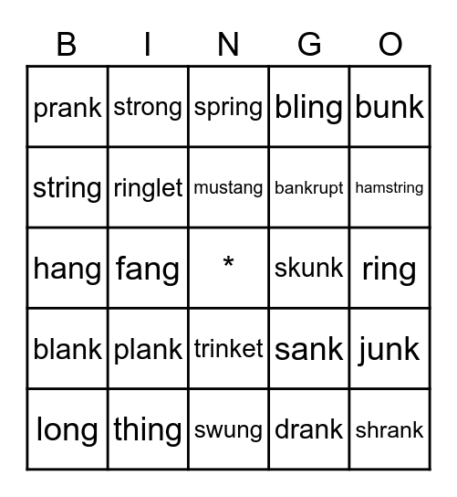 -ng and -nk Bingo Card