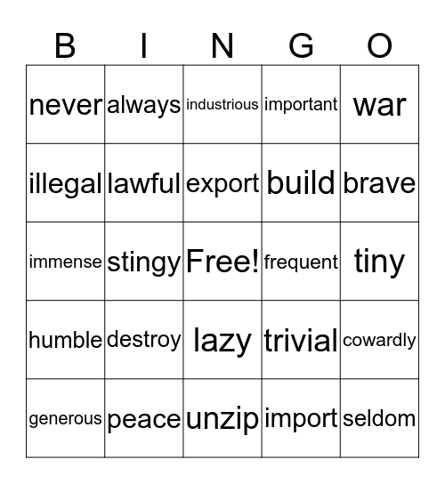 Antonym List 3 Bingo Card