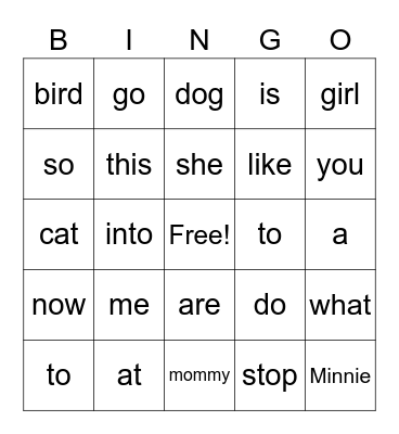 Sight Words Bingo Card