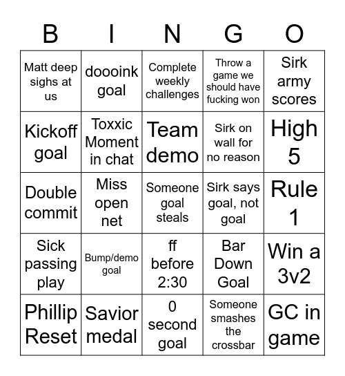 Rocket League baby Bingo Card