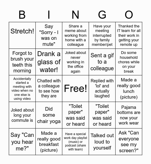 Remote Work Bingo Card