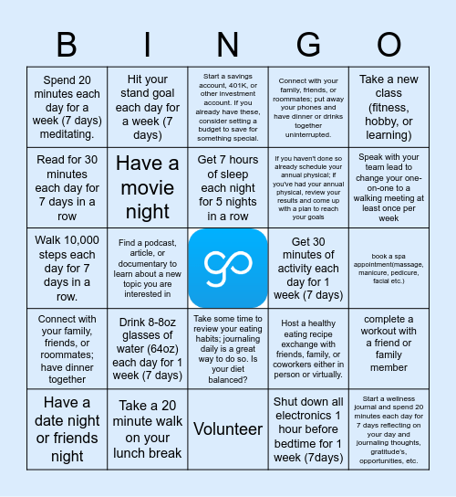 Employee Wellness Bingo Card