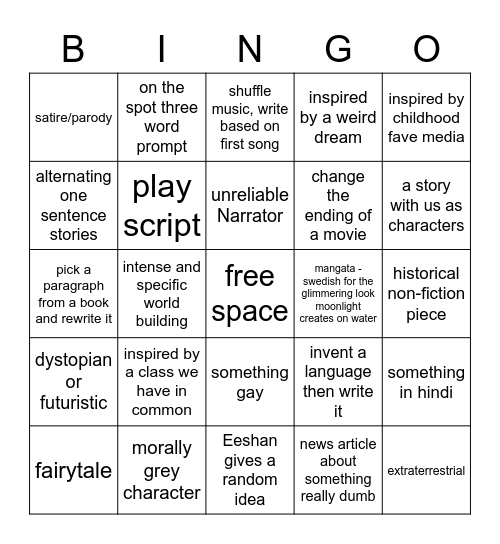 KritiNush Writing Bingo Card