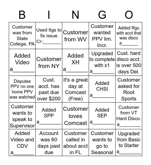 Disco Bingo (please provide acct. # for anything with a______ at the bottom Cr is the # for the ITG) 1 Square Per Account Bingo Card