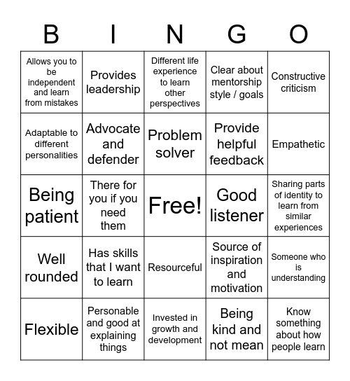 Mentorship Bingo Card