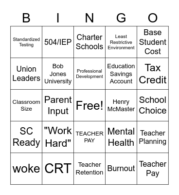 Superintendent of Education Debate Bingo Card