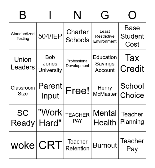 Superintendent of Education Debate Bingo Card