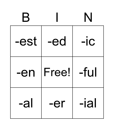 Suffix Review #1-10 Bingo Card