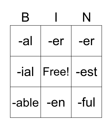 Suffix Review 1-10 Bingo Card