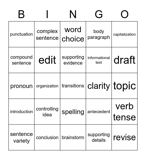 Writing BINGO Card