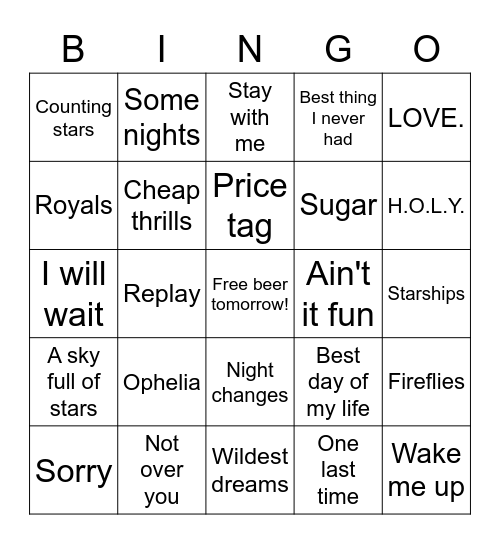 All Out 10's Bingo Card