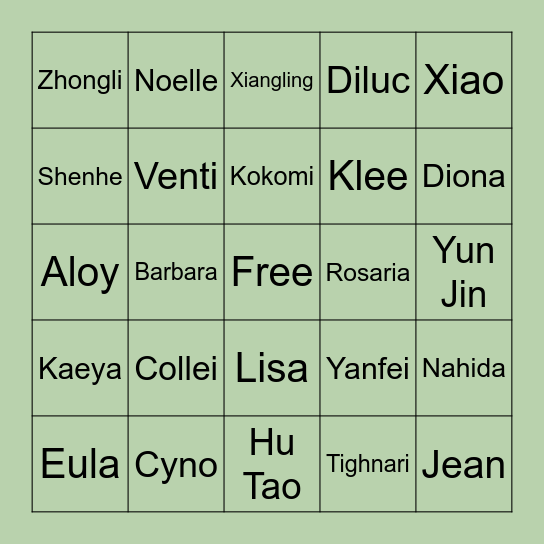 Genshin Bingo Card