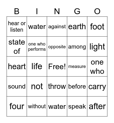 Greek Roots Bingo Card