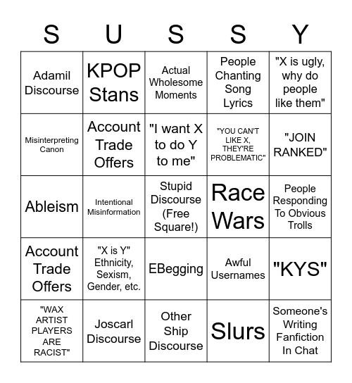 Identity V English 1 Chat Bingo Card