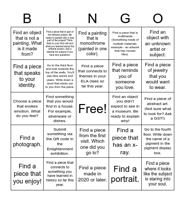 Harvard Art Museums Bingo Card