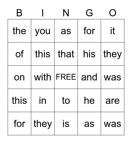 Heart Words Bingo Card