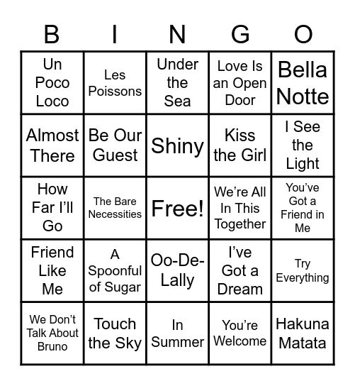 Round 1: Disney Bingo Card