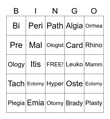 Medical Terminology Bingo Card