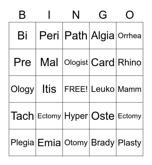 Medical Terminology Bingo Card