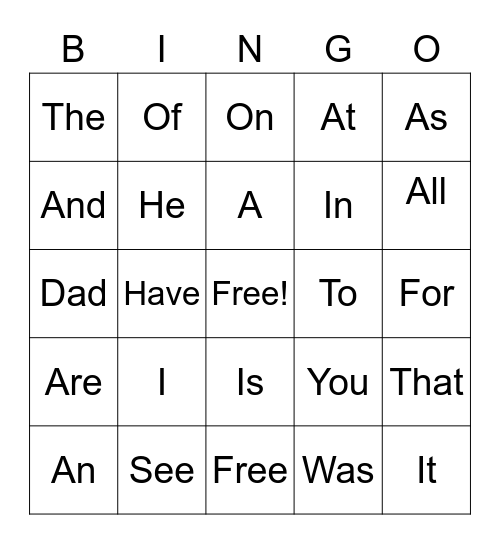 Sight Word Bingo Card