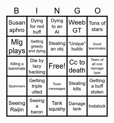 Smite Bingo Card