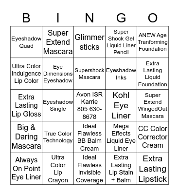 AVON Make Up Bingo Card