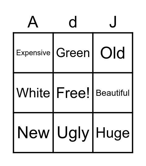 Adjectives Bingo Card