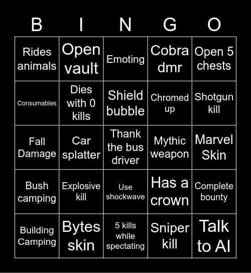 Fortnite Bingo Card